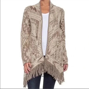Lucky Brand Fringe Open Front Cardigan Sweater Aztec Southwestern Print Size XS